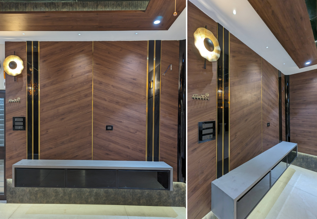 TV Unit, Wooden finish tv unit, laminated tv unit, tv unit back panel, living room interior design, living room design, glass ceiling