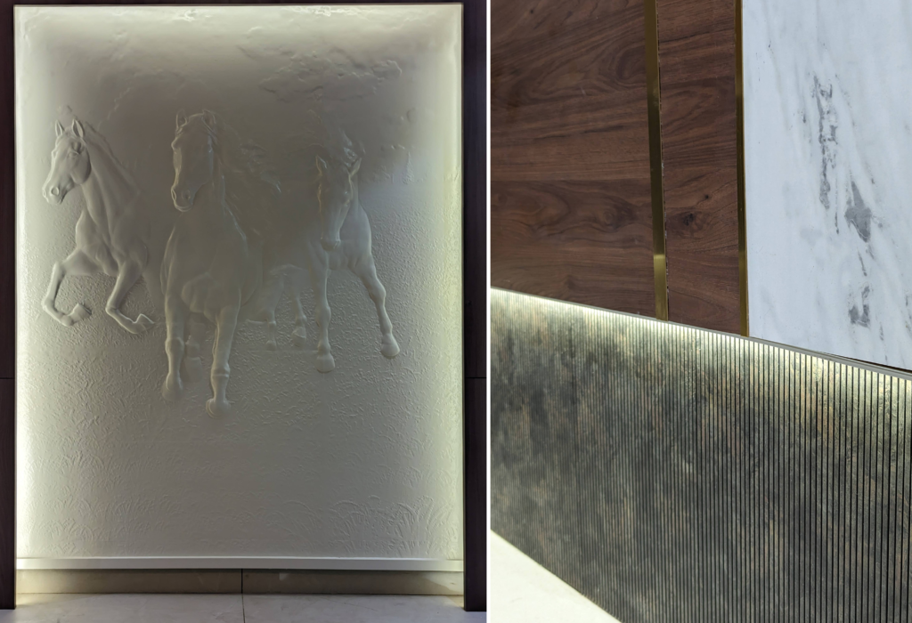living room interior design, living room design, glass ceiling, 3d wall panel, caving wall panel
