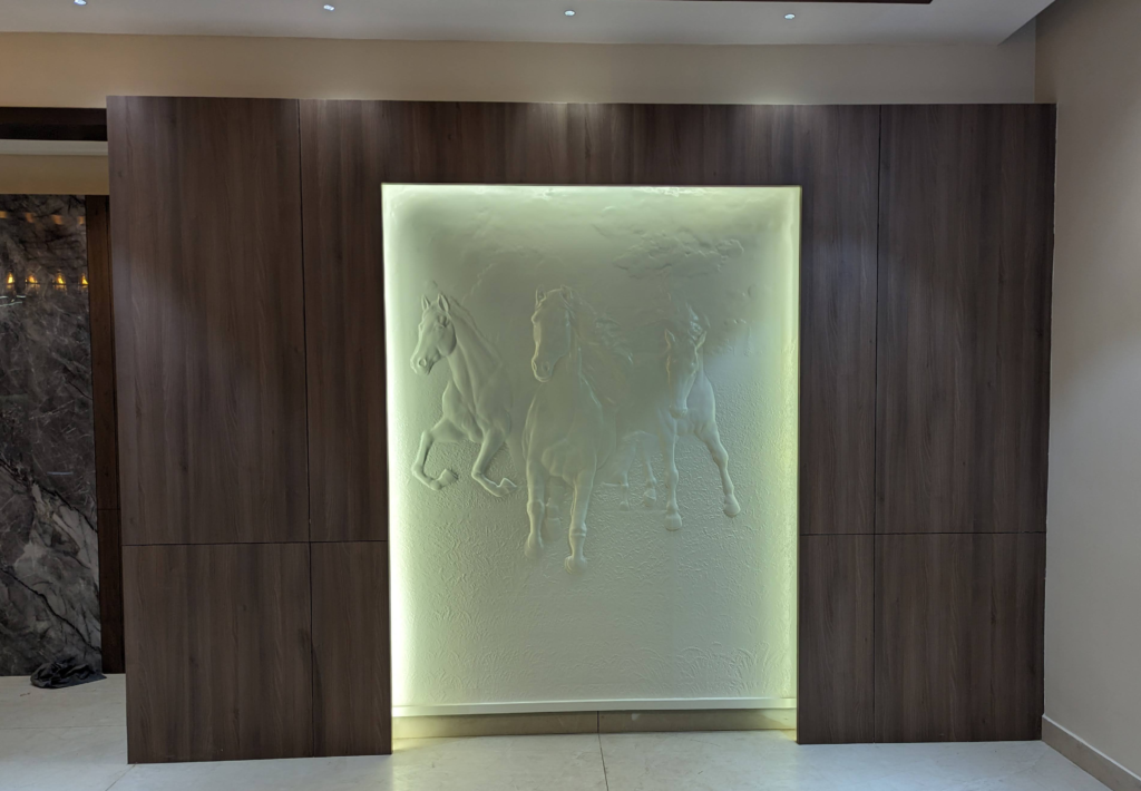 living room interior design, living room design, glass ceiling, 3d wall panel, caving wall panel