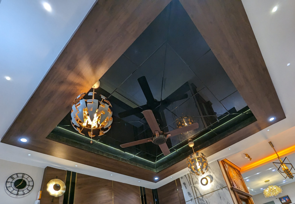 living room interior design, living room design, glass ceiling, 3d wall panel, caving wall panel