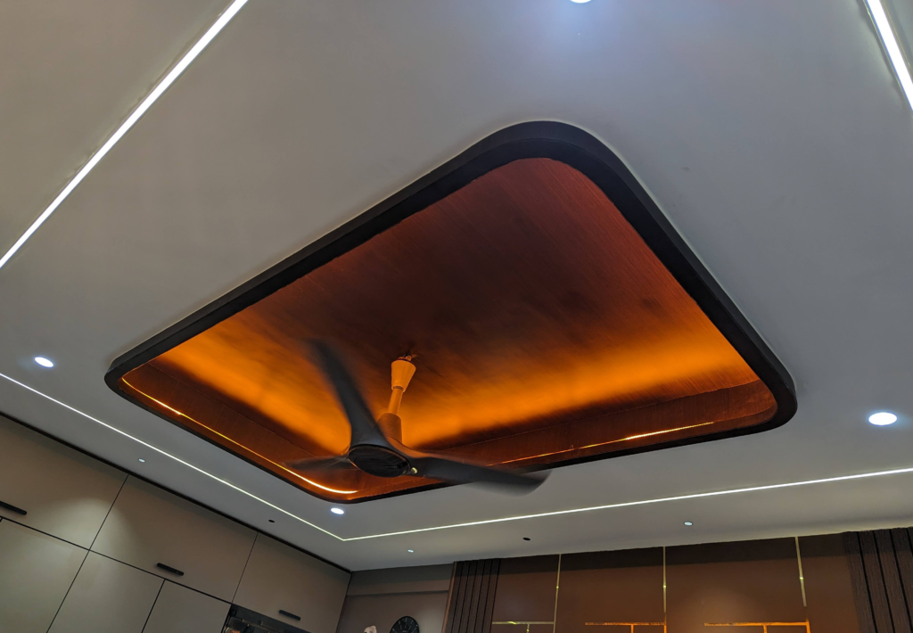 a ceiling fan in a room