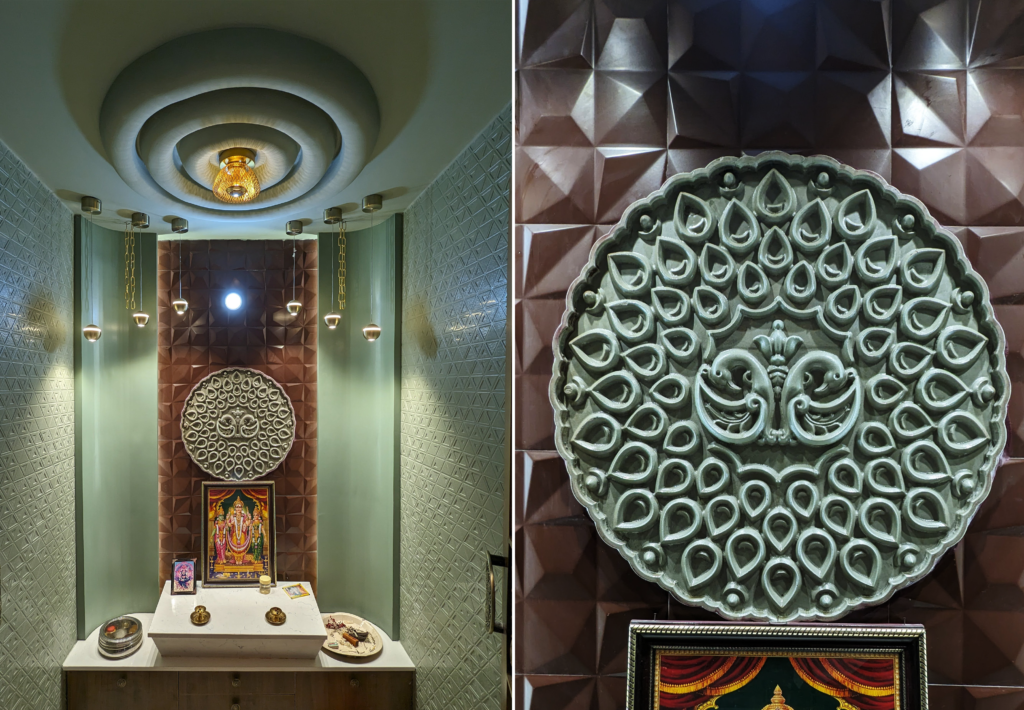 pooja room design, pop false ceiling, stone carving back panel