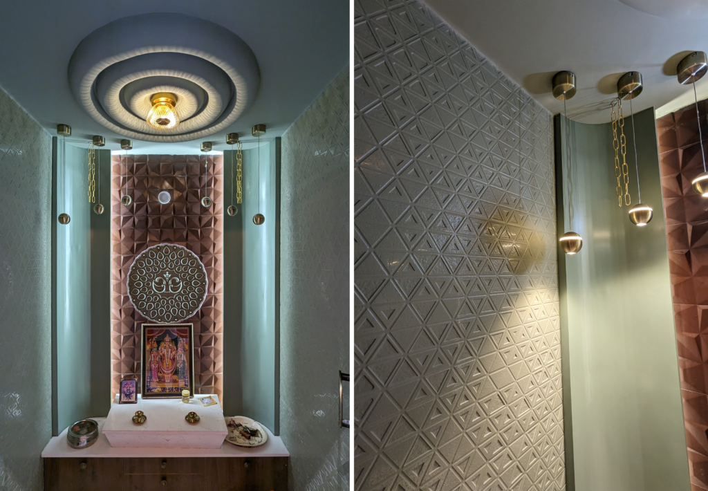 pooja room design, pop false ceiling, stone carving back panel