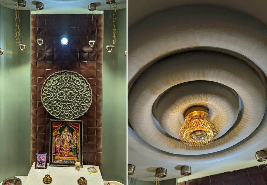 pooja room design, pop false ceiling, stone carving back panel