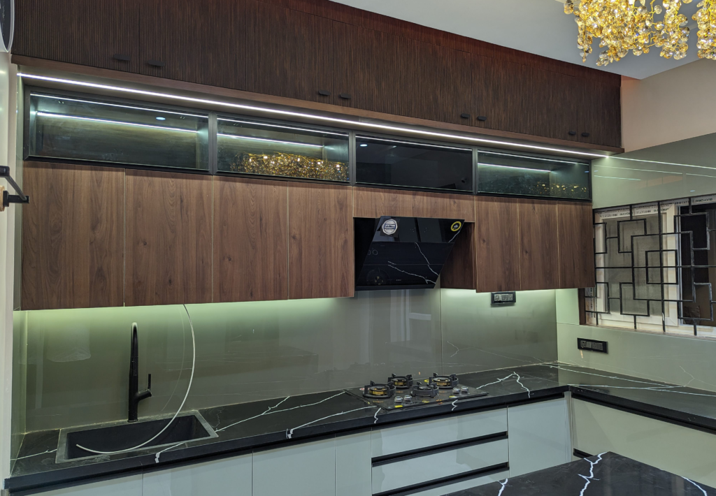 kitchen interior, wooden finish, lacquered glass kitchen back splash 