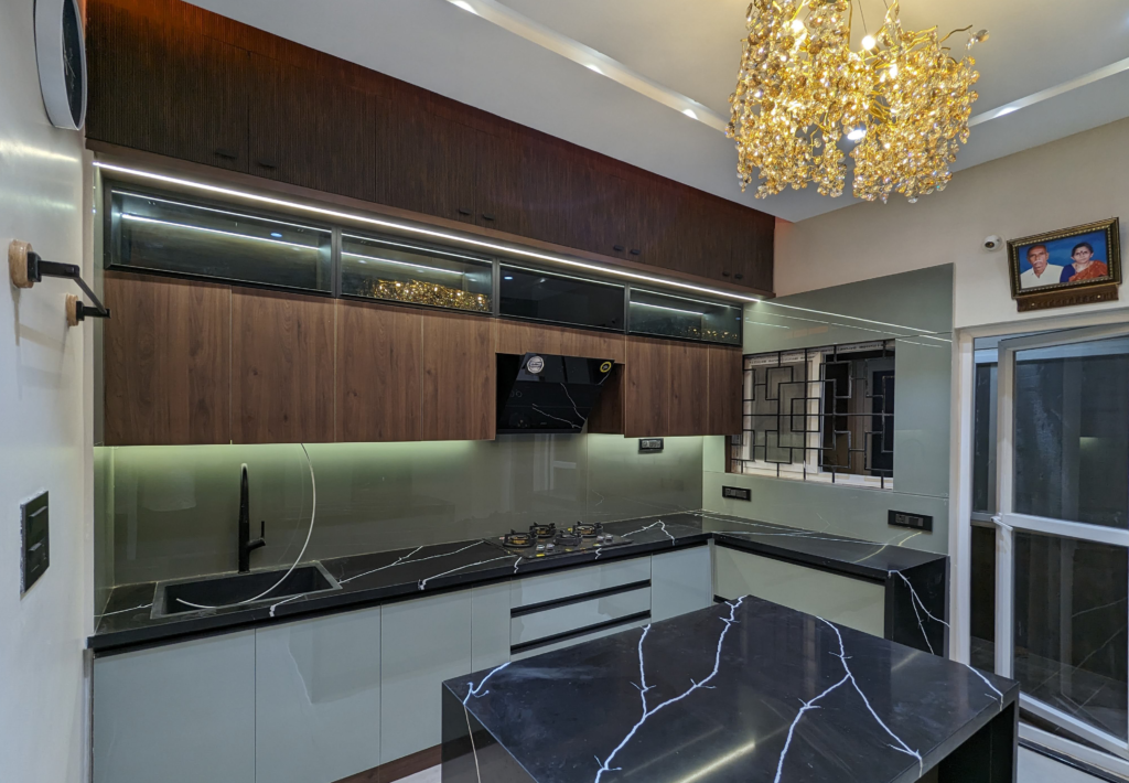 kitchen interior, wooden finish, lacquered glass kitchen back splash 