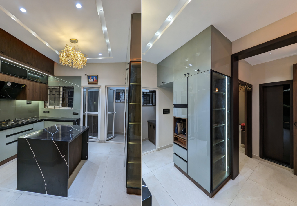 Acrylic kitchen, pop false ceiling, Island Kitchen