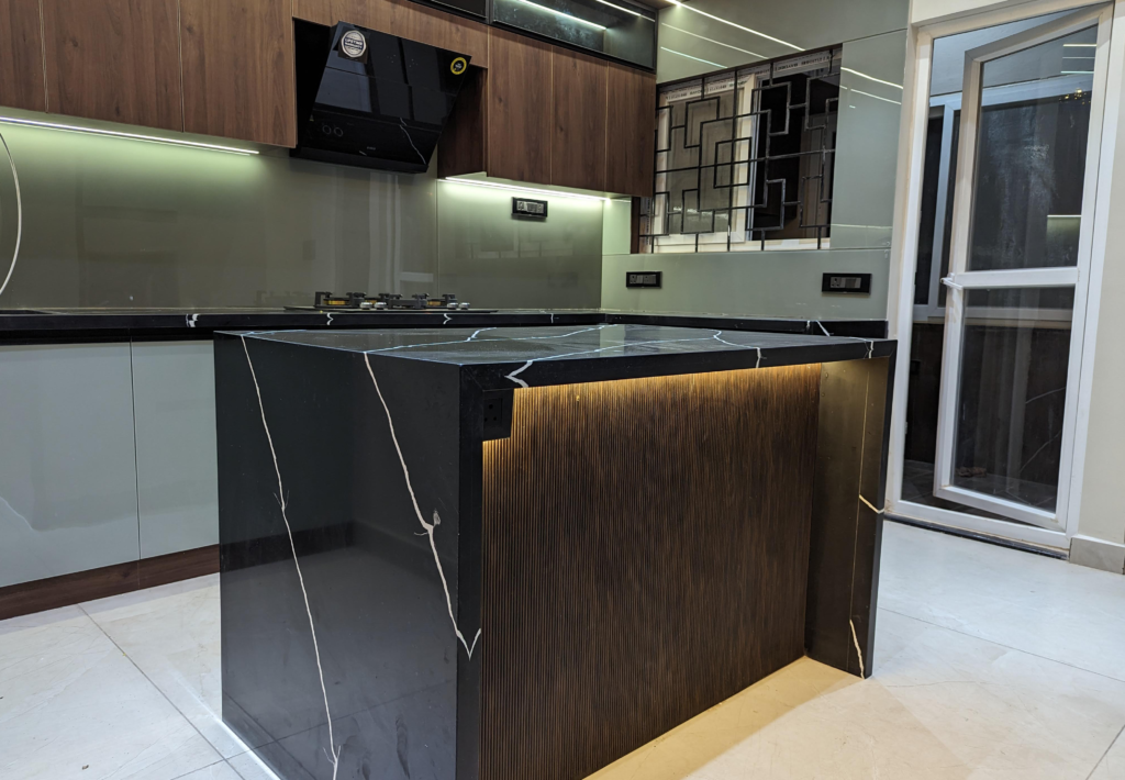 Acrylic kitchen, pop false ceiling, Island Kitchen